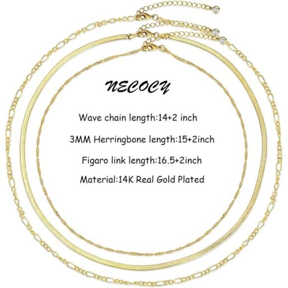 Gold Herringbone Necklace For Women,Layered Gold Necklaces,14k Gold Plated - Picture 5 of 7